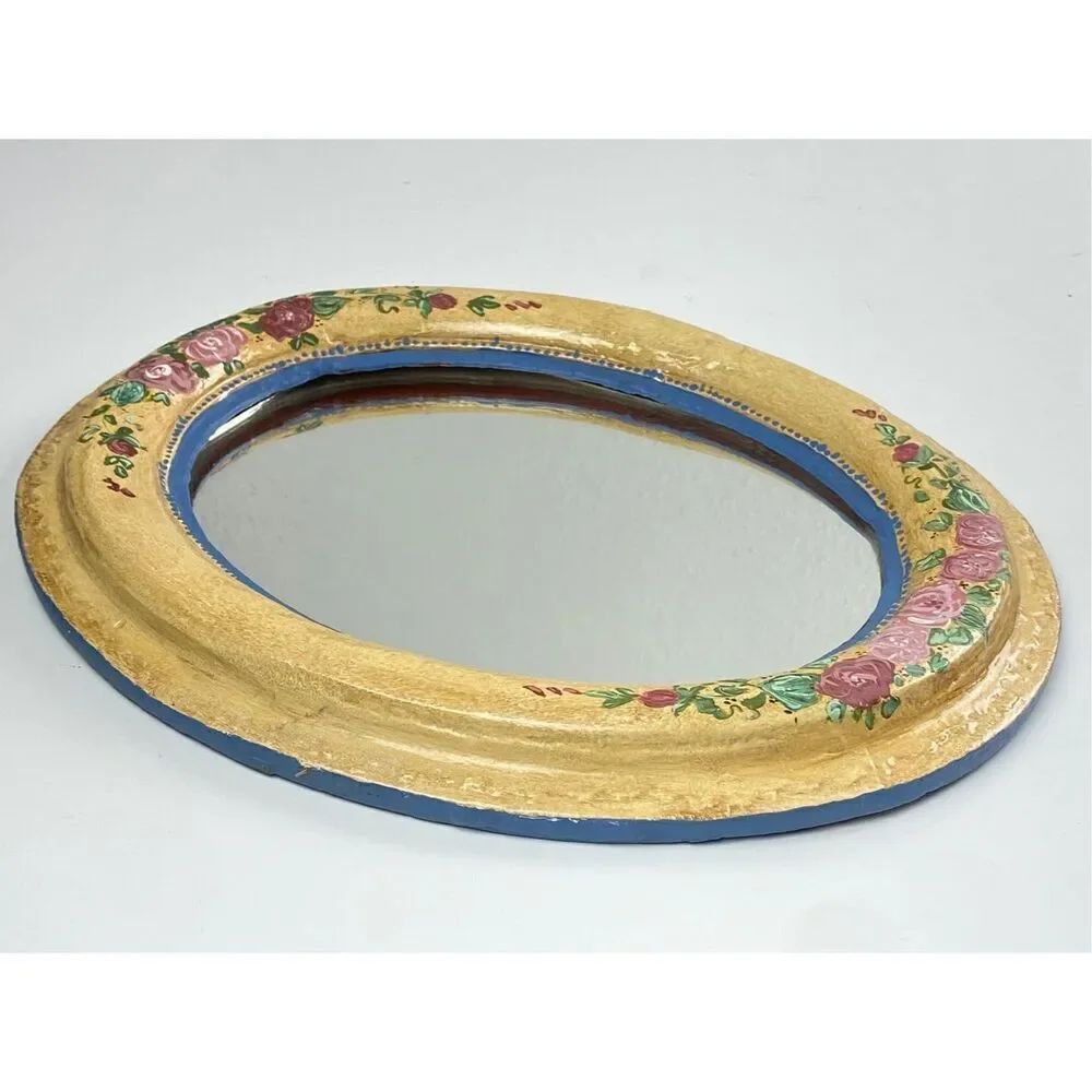 Antique Vintage Handpainted Floral Oval Wall Mirror Deep Wood Frame 12x14x1.25in
